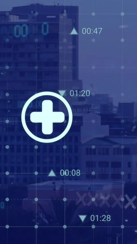 Animation of digital icons over grid network against aerial view of tall Stock Footage 344284226