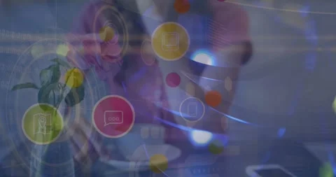Animation of digital icons over mid section of a caucasian woman using Stock Footage 328251562