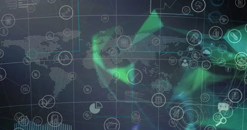 Animation of digital icons over world ma... | Stock Video | Pond5