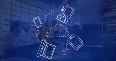 Animation of digital icons spinning over time-lapse of people working at office Stock Footage 330251201