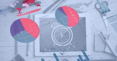 Animation of digital infographic interface and alarm clock drawing on digital Stock Footage 327360390