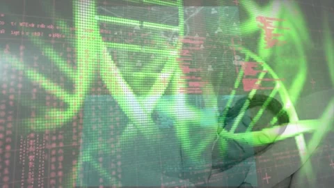 Animation of digital infographic interface with dna helix over sleeping young Stock Footage 328593625