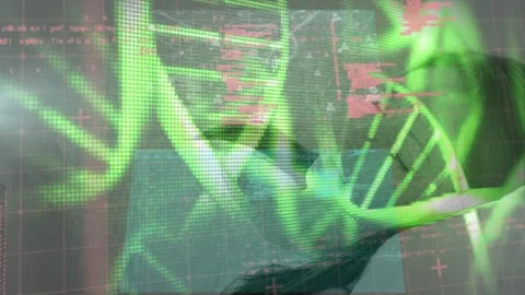 Animation of digital infographic interface with dna helix over sleeping Stock Footage 330171515