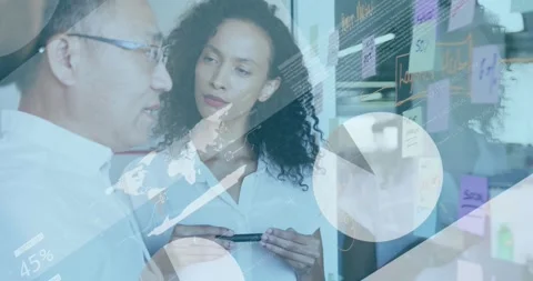 Animation of digital infographic interface over multiracial coworkers discussing Stock Footage 329688034