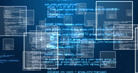 Animation of digital information and white square on blue background Video stock 131275468