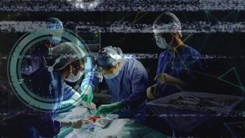 Animation of digital interface and clock over surgeons in operating theatre Video stock 201083906