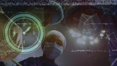 Animation of digital interface and clock over surgeons in operating theatre Video stock 328931219