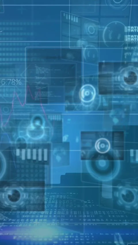 Animation of digital interface and data processing on screens over blue Stock Footage 344722672