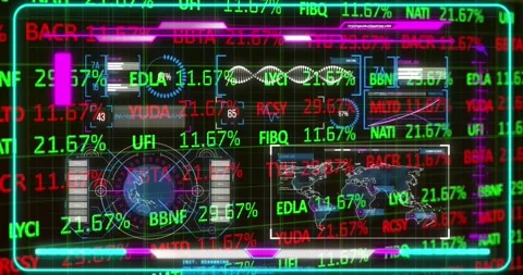 Animation of digital interface and stock market data processing against black Stock Footage 329128071