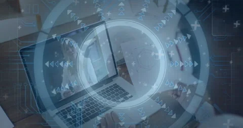 Animation of digital interface with arrows and circles on laptop screen during Stock Footage 304855502