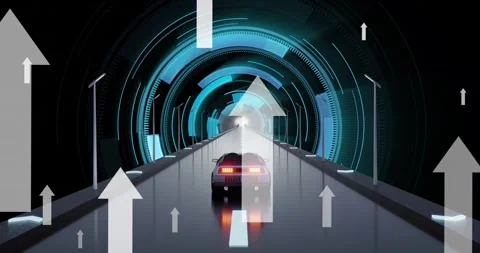 Animation of digital interface with arrows over car driving Stock Footage 250539216