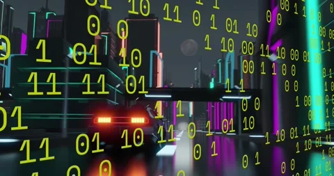 Animation of digital interface with binary coding over car driving Stock Footage 250539335