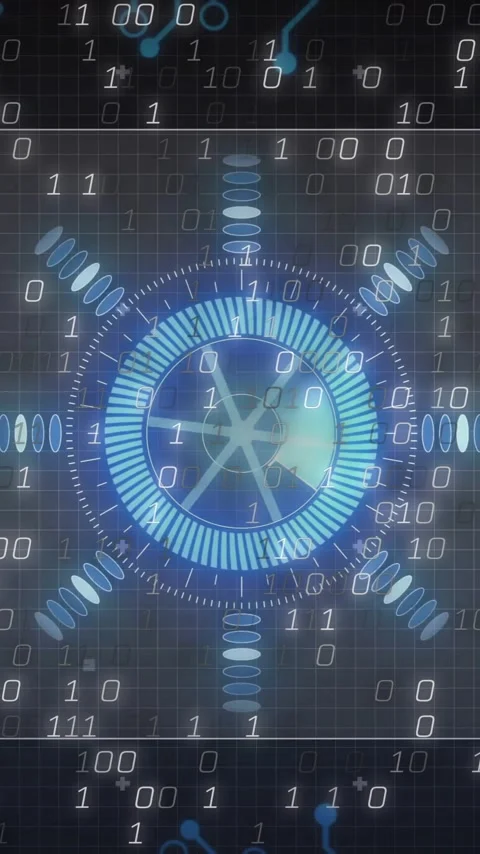 Animation of digital interface with blue gear and binary code in school setting Stock Footage 319811255