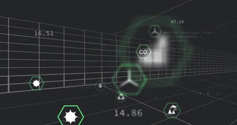 Animation of digital interface with code snippets and hexagonal icons in 3D Stock Footage 304011282