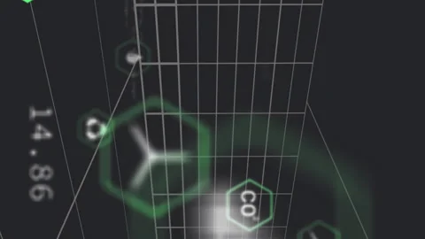 Animation of digital interface with code snippets and hexagonal icons in 3D Stock Footage 312510620