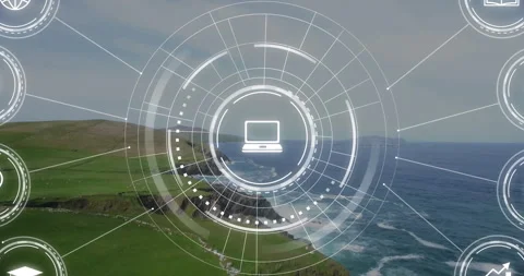 Animation of digital interface with computer icon overlaying coastal ocean waves Stock Footage 303536973