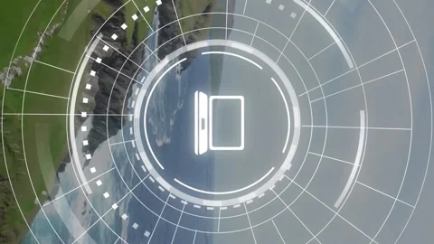 Animation of digital interface with computer icon overlaying coastal ocean waves Stock Footage 312831820