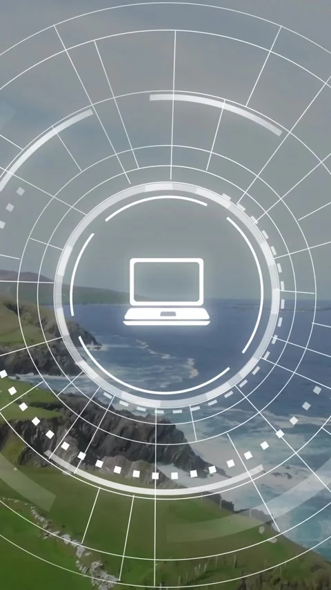 Animation of digital interface with computer icon overlaying coastal ocean waves Stock Footage 319811146