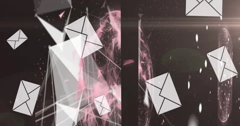 Animation of digital interface data processing with email envelopes falling and Stock Footage 163228310