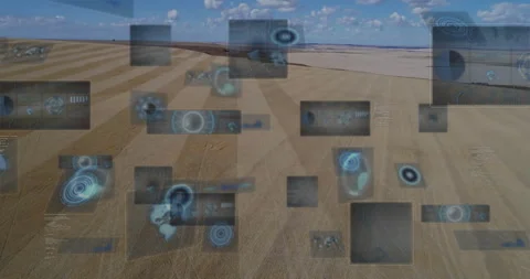 Animation of digital interface elements over agricultural fields in aerial view Stock Footage 305829204