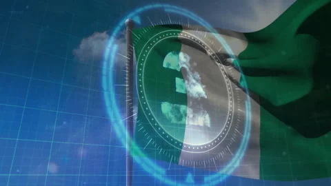 Animation of digital interface elements over waving flag against cloudy sky Stock Footage 305830398