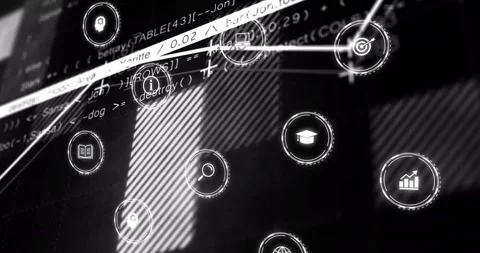 Animation of digital interface with icons and code, showcasing technology and Stock Footage 306170315