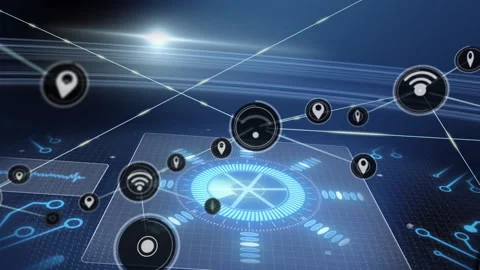 Animation of digital interface with network icons and data processing elements Stock Footage 304160120