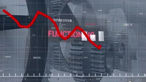 Animation of digital interface over red line data processing, and cogs moving Stock Footage 329361895