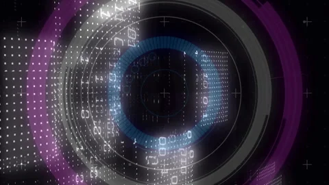Animation of digital interface showing circular patterns and binary code in Stock Footage 313447093