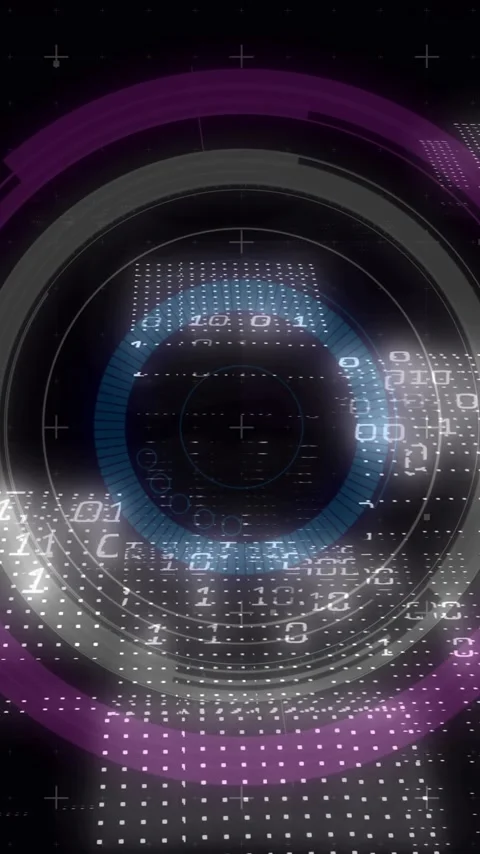 Animation of digital interface showing circular patterns and binary code in Stock Footage 319811060