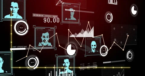 Animation of digital interface showing data analytics and facial recognition Stock Footage 303675366
