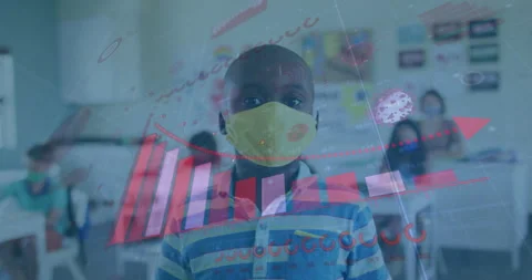 Animation of digital interface showing statistics with kids in school wearing Stockbeeldmateriaal 148363119