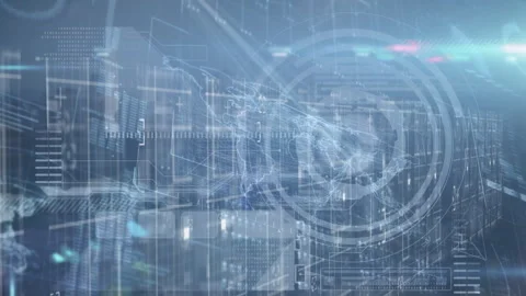 Animation of digital interface with world map and data processing elements Video stock 304839558