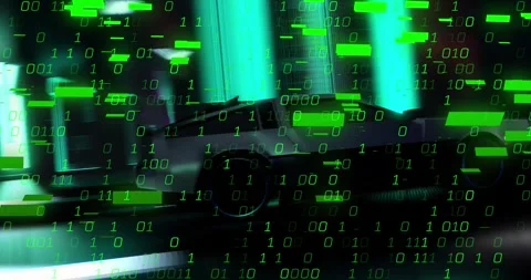 Animation of digital interface wth binary coding over video car driving Stock Footage 250539224