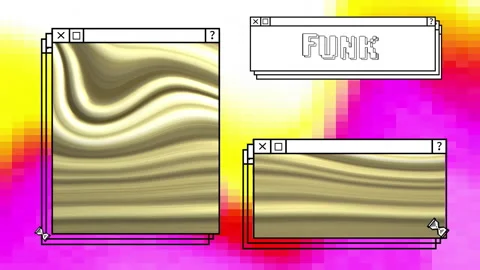 Animation of digital interfaces with funk text and golden shapes on colourful Stock Footage 308141955