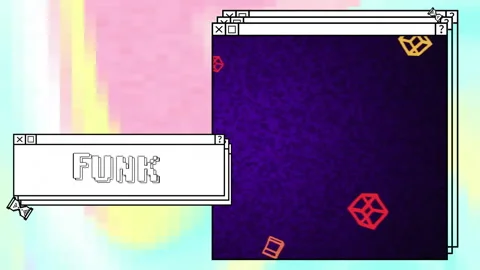 Animation of digital interfaces with moving shapes and funk text on colourful Stock Footage 308438894