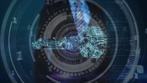 Animation of digital key and binary code over hands of caucasian businessman 스톡 동영상 172267418