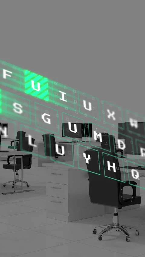 Animation of digital keyboard over office desks with computers Stock Footage 344614201