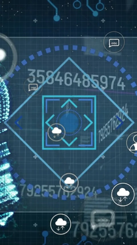 Animation of digital lightbulb and media icons over scope scanning and data Stock Footage 323341102
