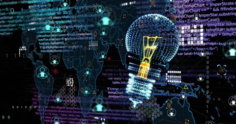 Animation of digital lightbulb and media icons over world map and data Stock Footage 330587721