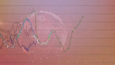 Animation of digital lines graphs moving in loop upwards over rotating graphical Stock Footage 325961316