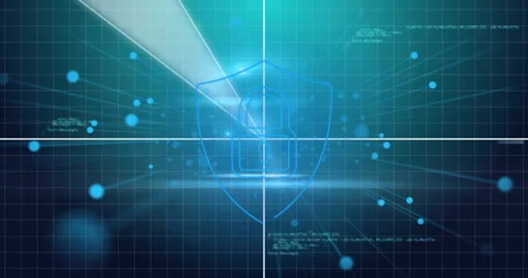 Animation of digital lock and shield over blue grid with data points Stock Footage 303608713