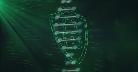Animation of digital lock and shield icon over binary code with green light Stock Footage 304841682