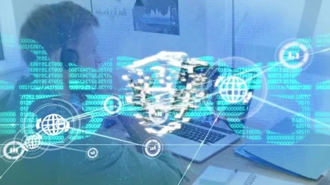 Animation of digital lock with shield, binary codes, network and graph icons Stock Footage 328006848