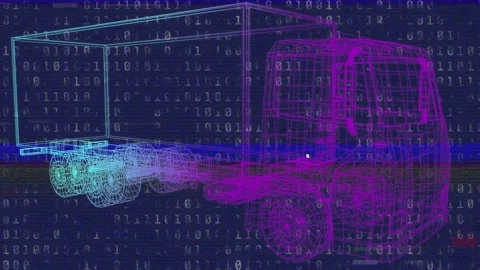 Animation of digital lorry and binary coding on blue background Stock Footage 327642233