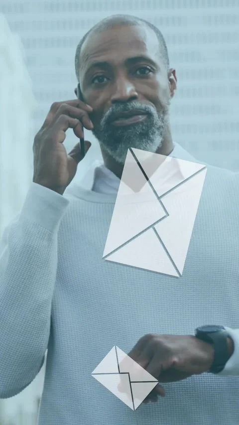 Animation of digital mail envelope icons over african american man using Video stock 342004041
