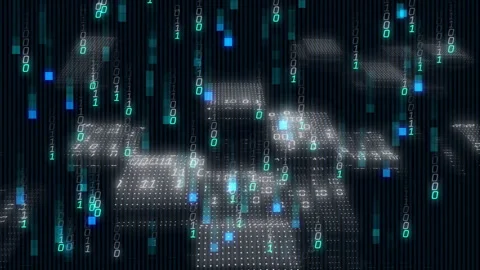 Animation of digital matrix with binary code and glowing blocks for data Stock Footage 304011648
