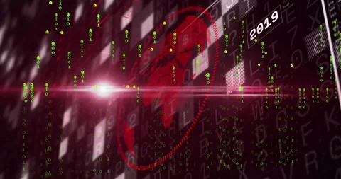 Animation of digital matrix code with futuristic 2019 text in red and green Stock Footage 303870484