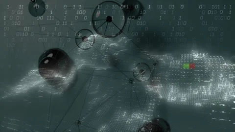 Animation of digital network with binary code on abstract landscape with spheres Stock Footage 304645218