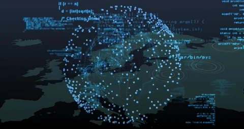 Animation of digital network connections and programming code overlaying Europe Stock Footage 327006266